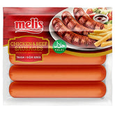 Melis - Chicken & Beef Sausages (Halal) 500g, made with mechanically separated chicken, labeled halal, shown on the packaging served with fries and vegetables.